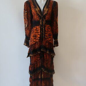 NWT Womens Czarina Brown, Black Tigress Button Down Maxi Dress XS